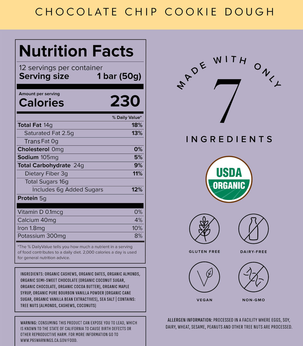 Truvani bar chocolate chip cookie dough packaged in a four-pack box
