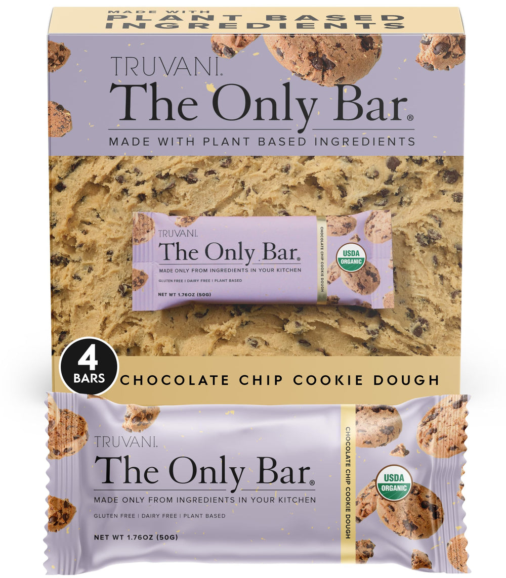 Truvani bar chocolate chip cookie dough wrapped for on-the-go snacking