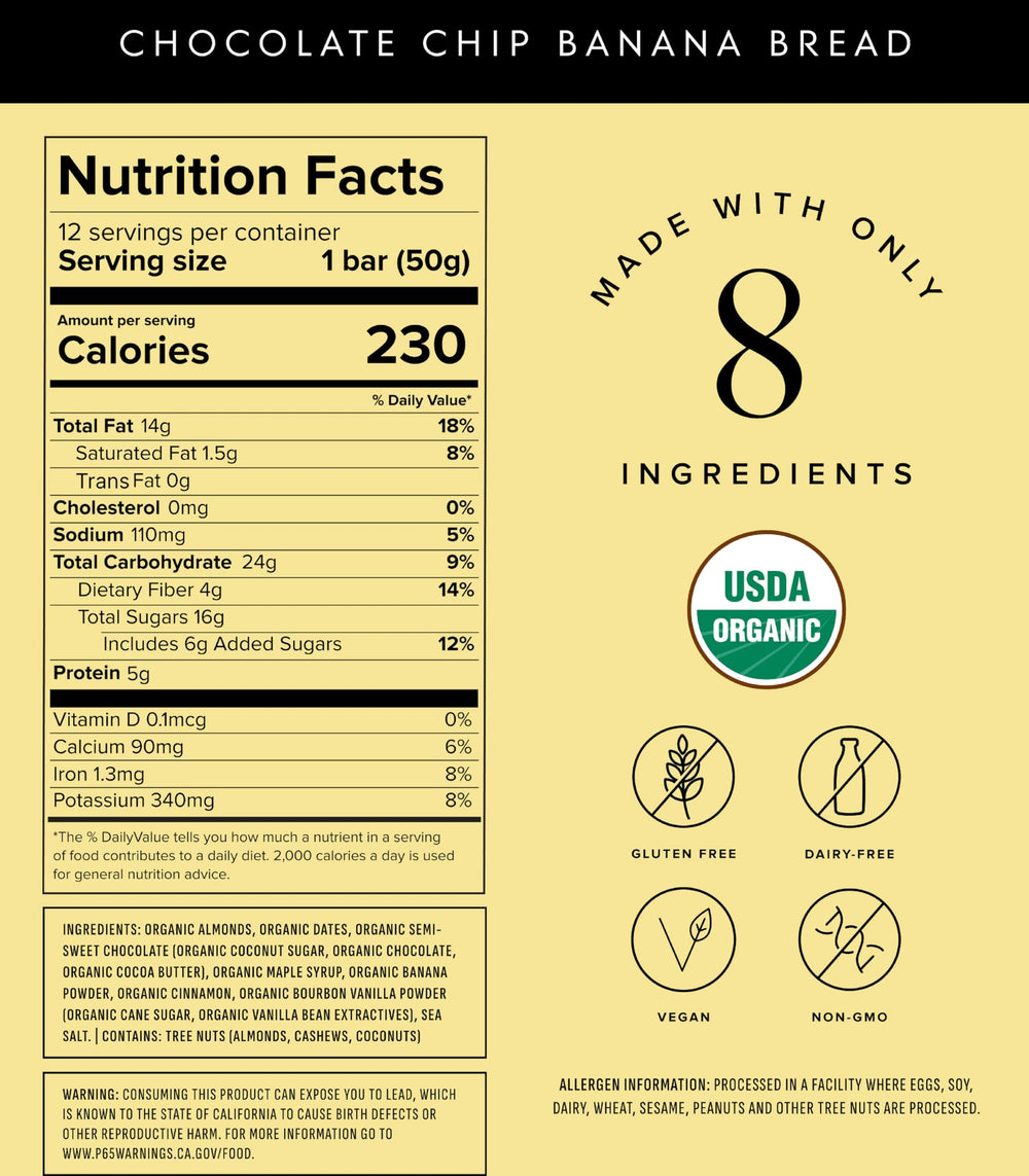 Truvani bar ingredients showcase almonds, dates, and chocolate chips for natural sweetness.