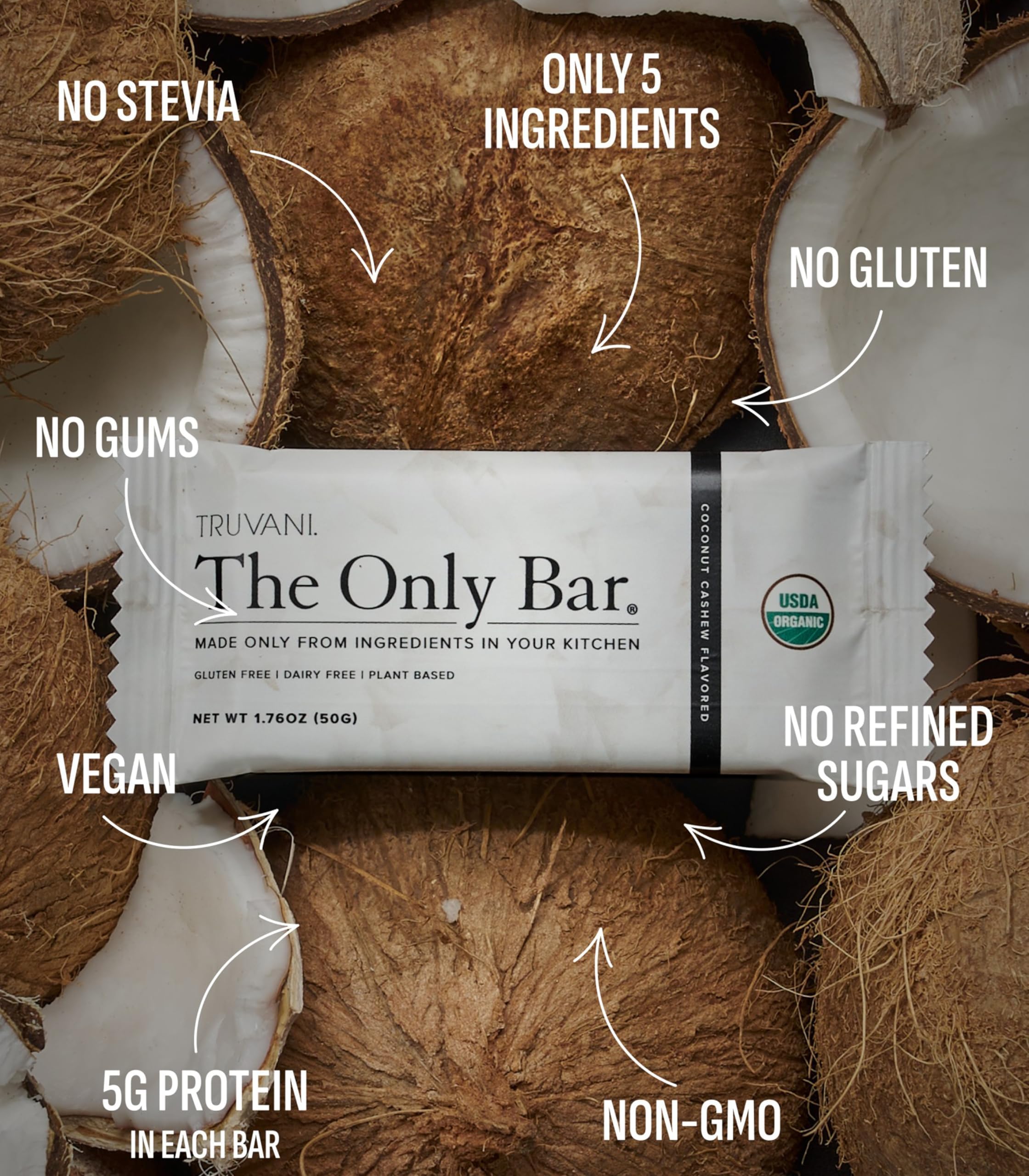 Etiqueta orgánica USDA de Truvani en barra vegetal sin gluten