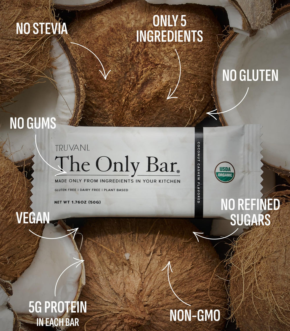 Etiqueta orgánica USDA de Truvani en barra vegetal sin gluten