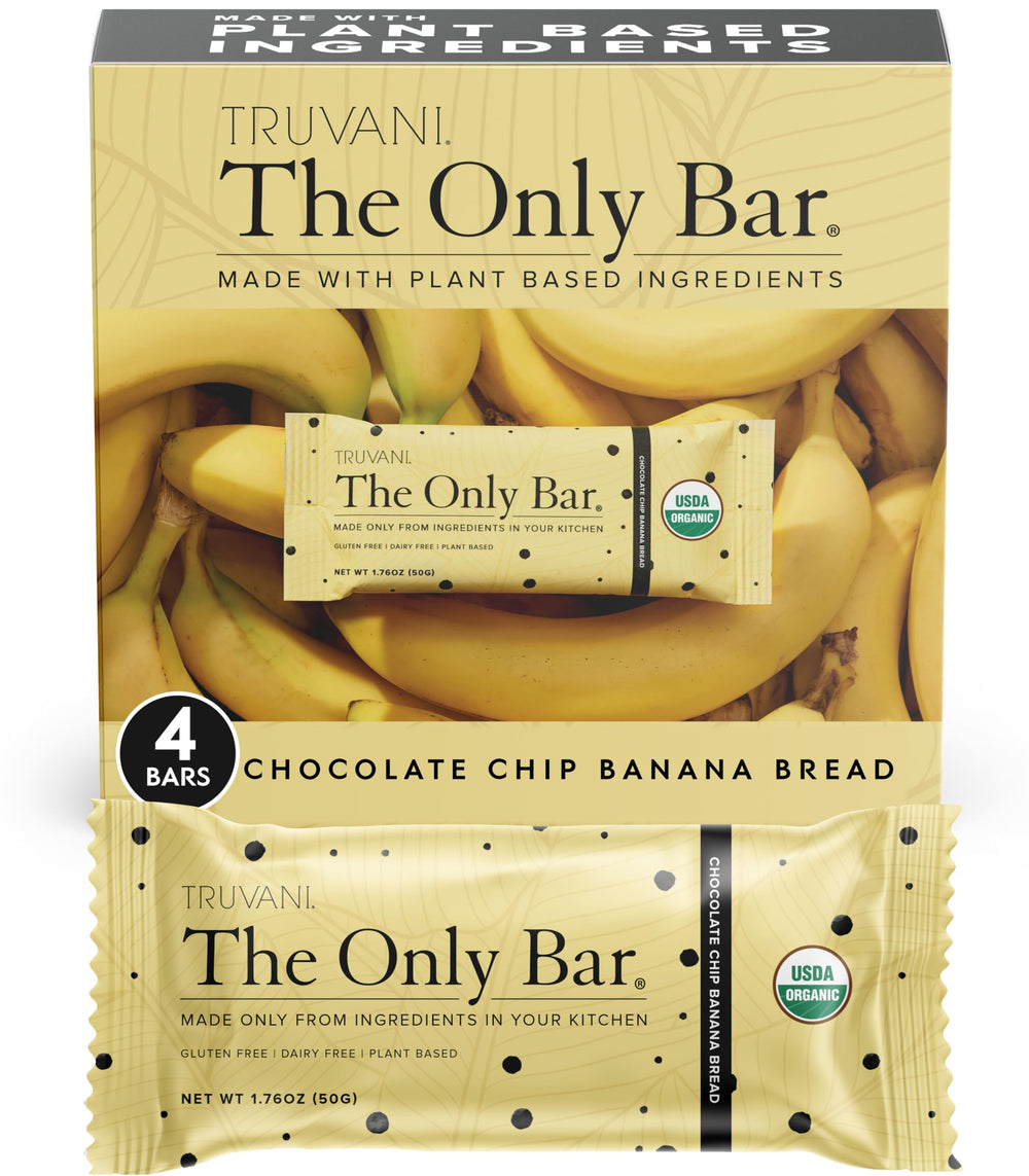 Truvani Chocolate Chip Banana Bread bars in a 4-pack ready for on-the-go snacking.