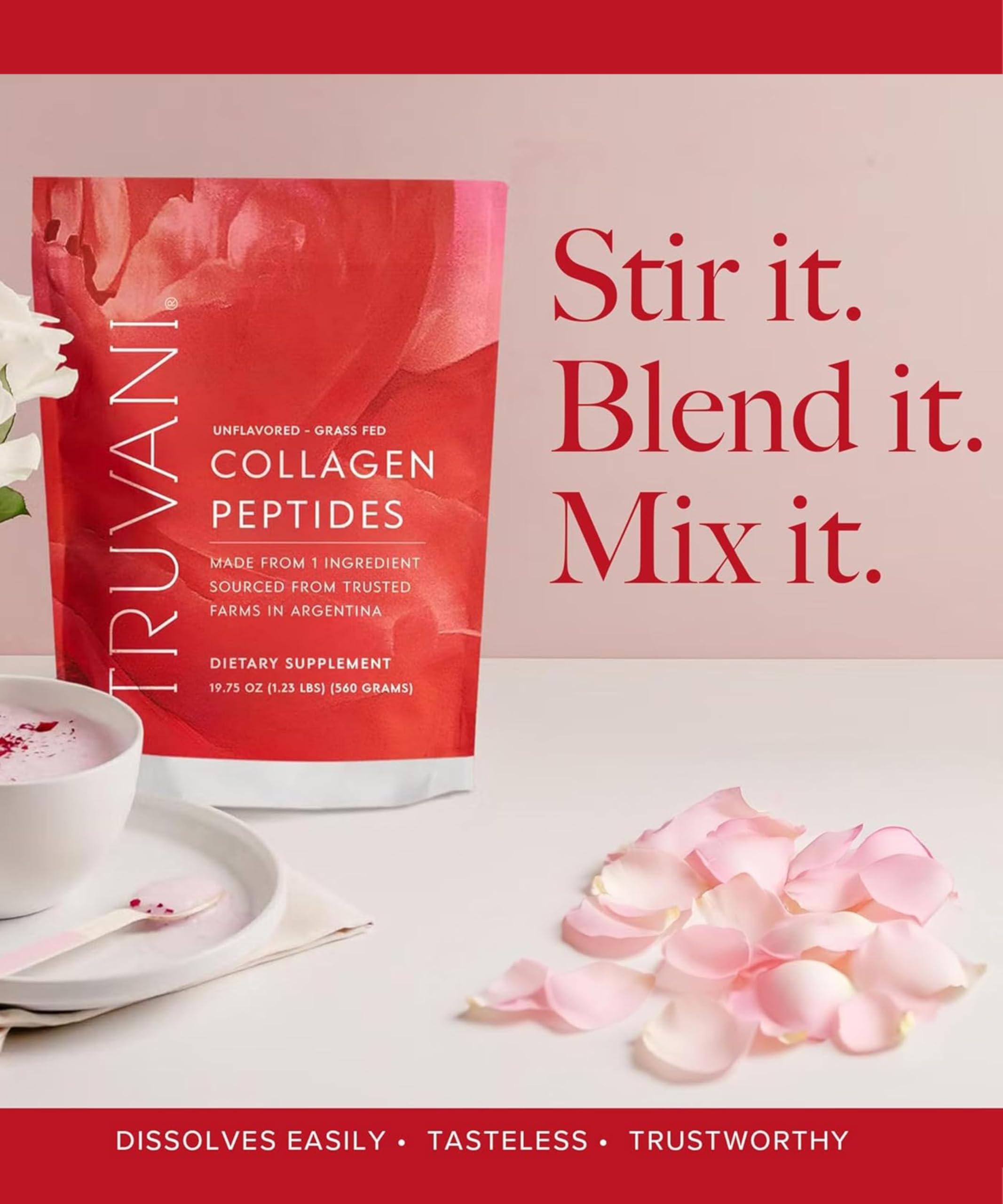 Truvani unflavored collagen blends smoothly into smoothies and coffees.
