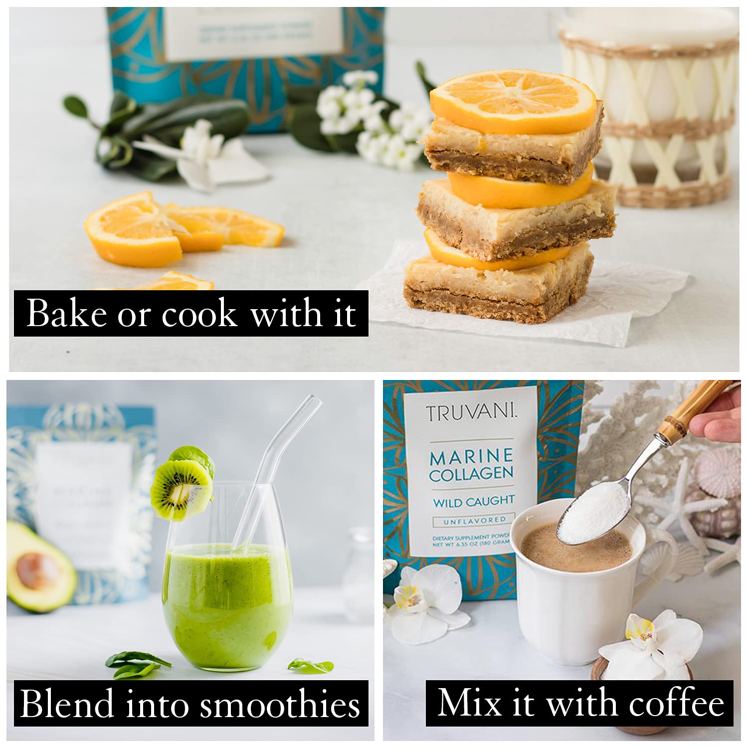 Truvani collagen powder added to smoothie for versatile daily routine.