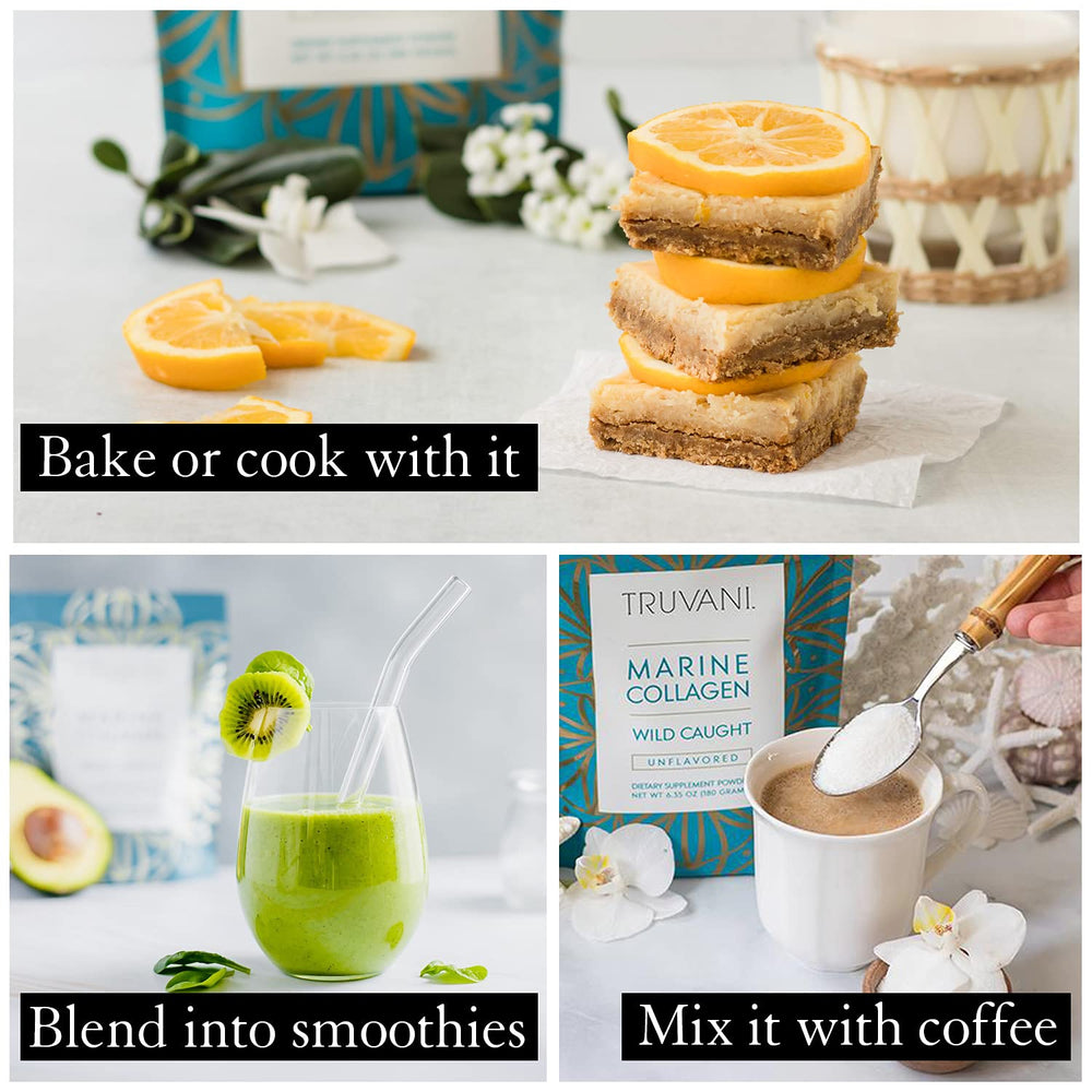 Truvani collagen powder added to smoothie for versatile daily routine.