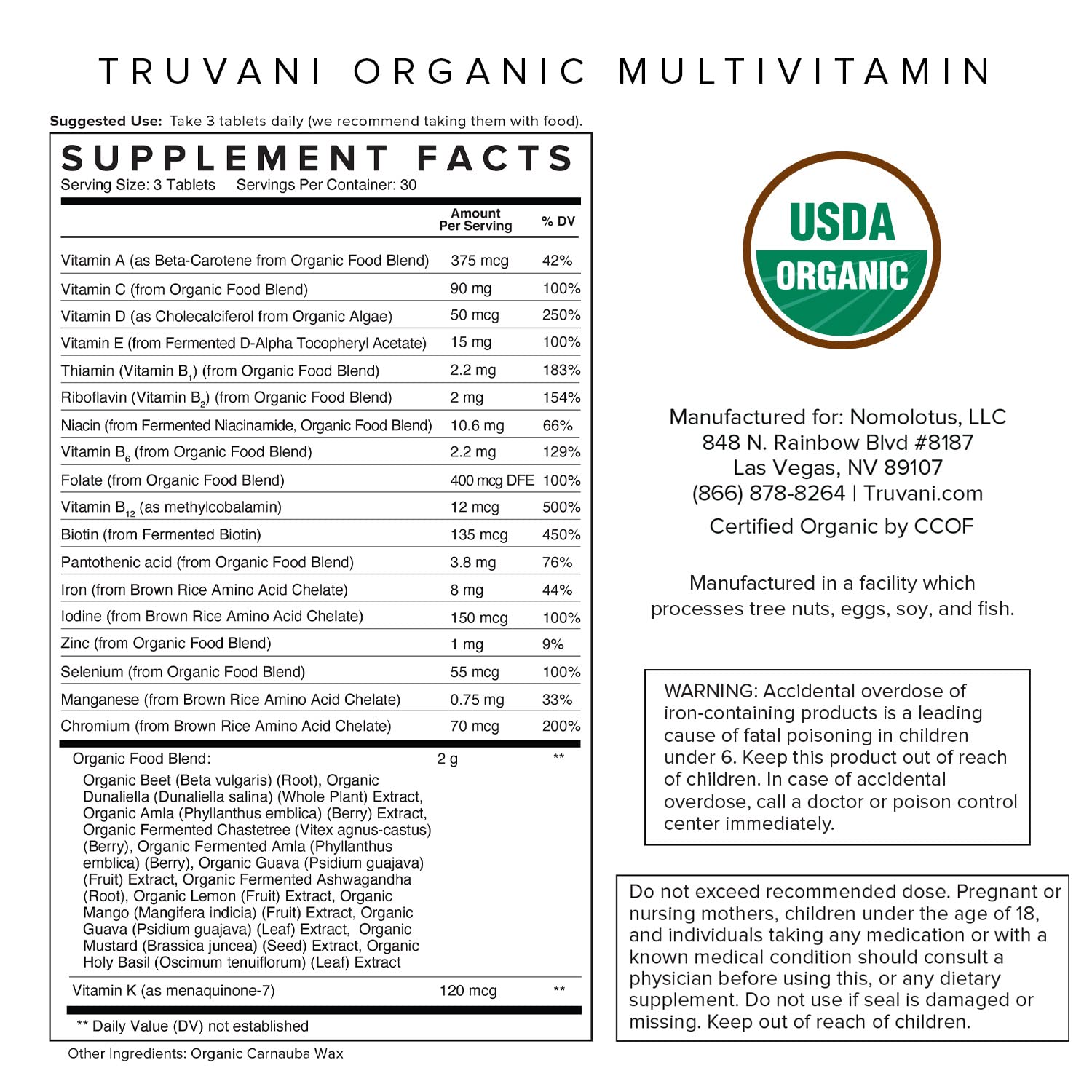 90-tablet pack of Truvani Daily Organic Multivitamin for 30-day supply