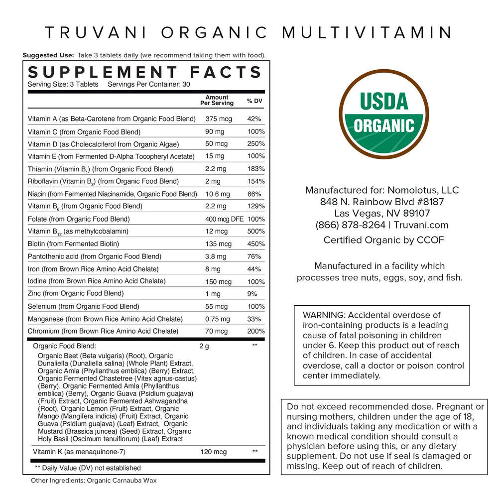 90-tablet pack of Truvani Daily Organic Multivitamin for 30-day supply