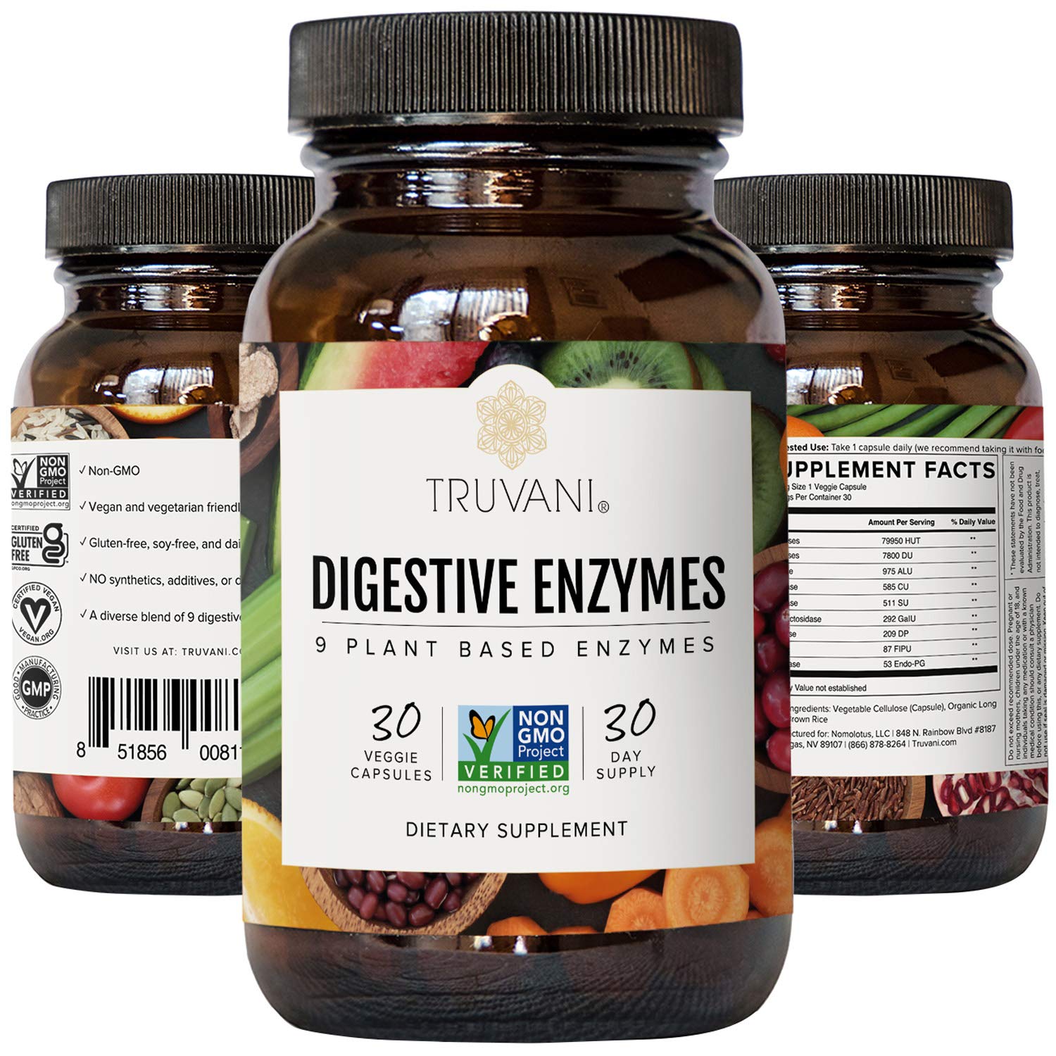 Truvani Digestive Enzymes bottle beside a glass of water for daily routine.