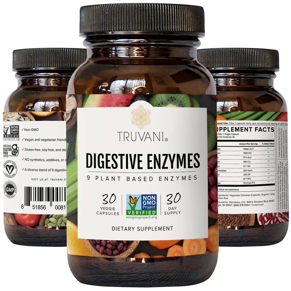 Truvani Digestive Enzymes bottle beside a glass of water for daily routine.