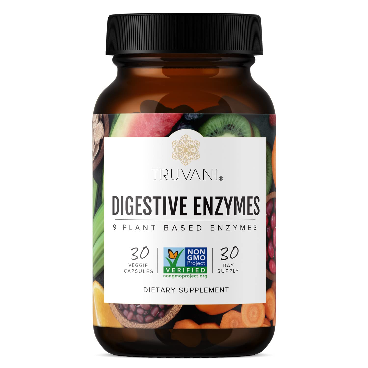 Truvani Digestive Enzymes bottle with non-GMO capsules for daily digestive support.
