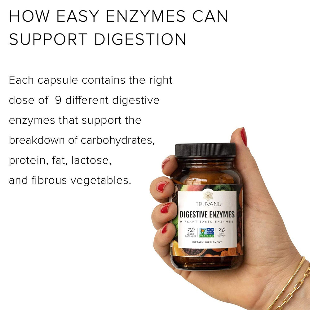 Truvani Digestive Enzymes label highlights transparent ingredients and simple formulation.