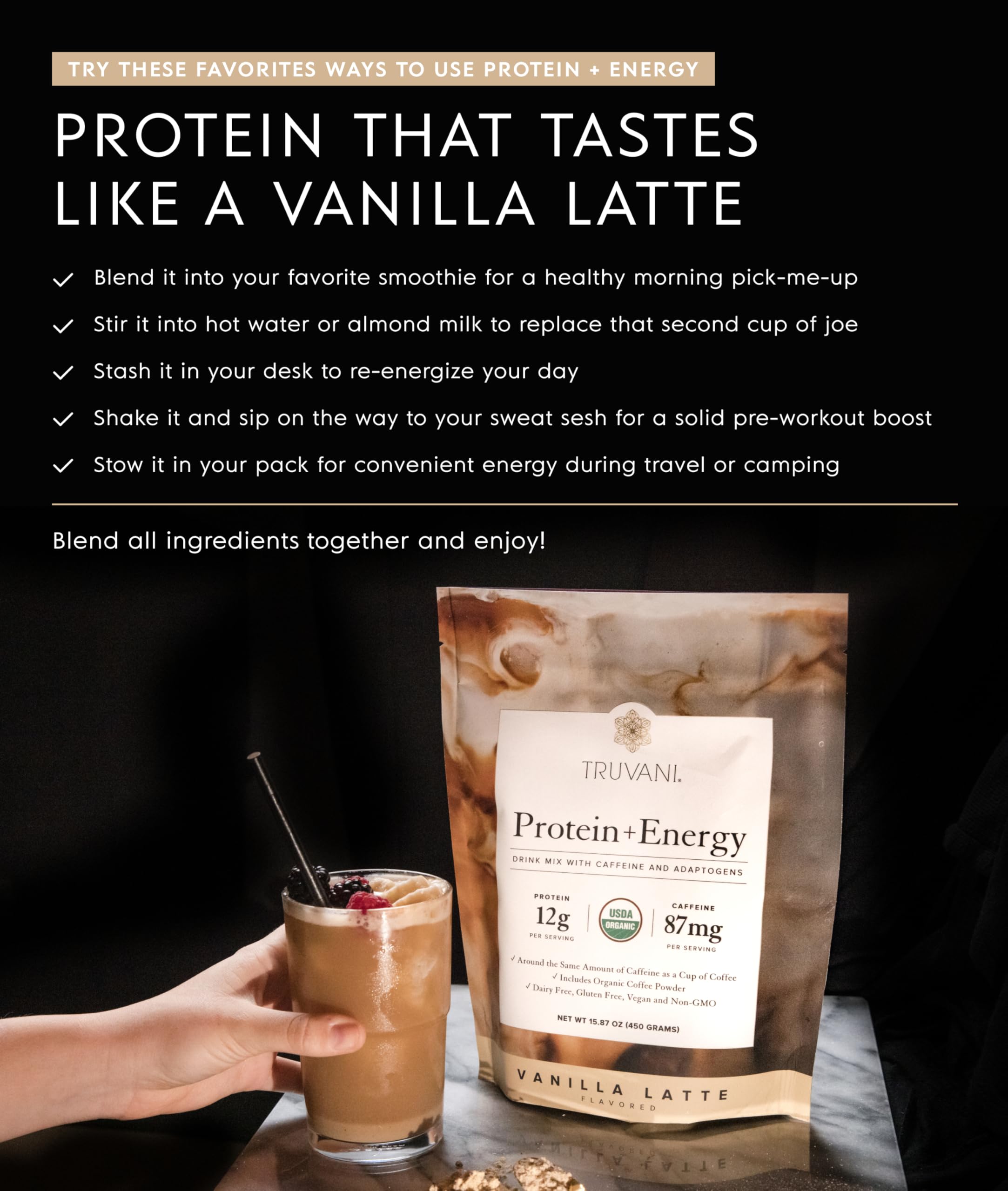 Truvani label emphasizes vegan and non-GMO certifications for clean nutrition.