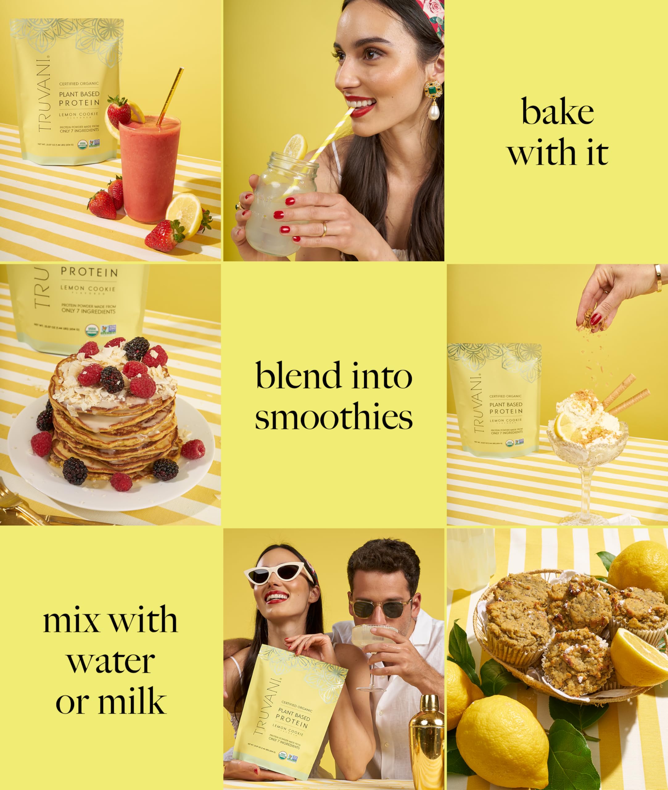 Ingredients panel of Truvani Lemon Cookie powder emphasizes organic, vegan sources.