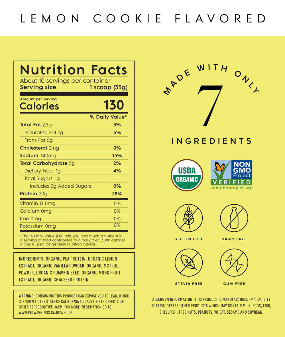 Truvani Lemon Cookie label close-up highlights organic ingredients for wellness.