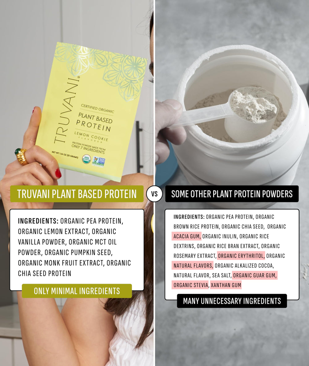 Pour of Truvani Lemon Cookie protein powder into glass for shake.