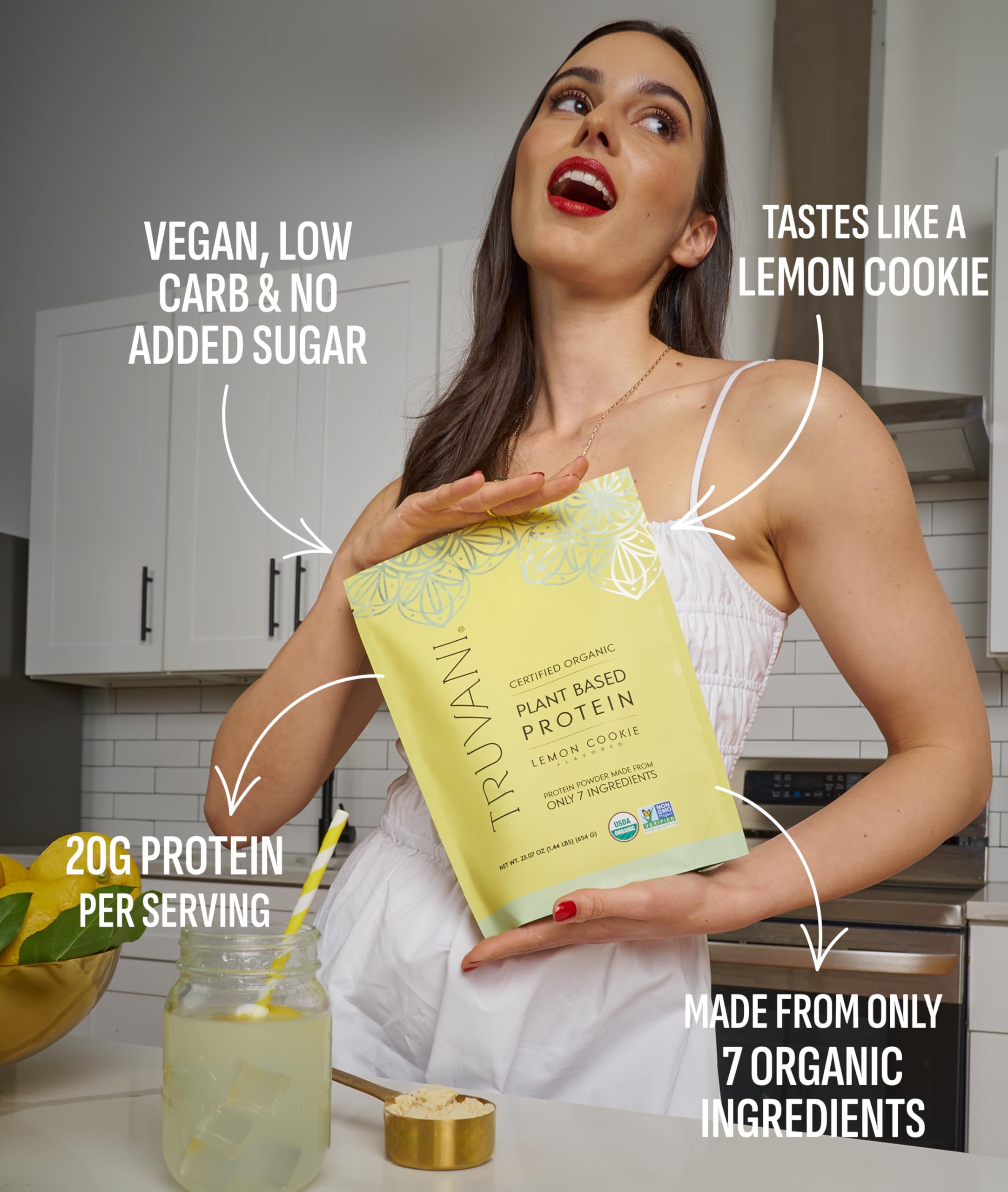Lemon Cookie protein scoop from Truvani ready for measurement and smooth mixing