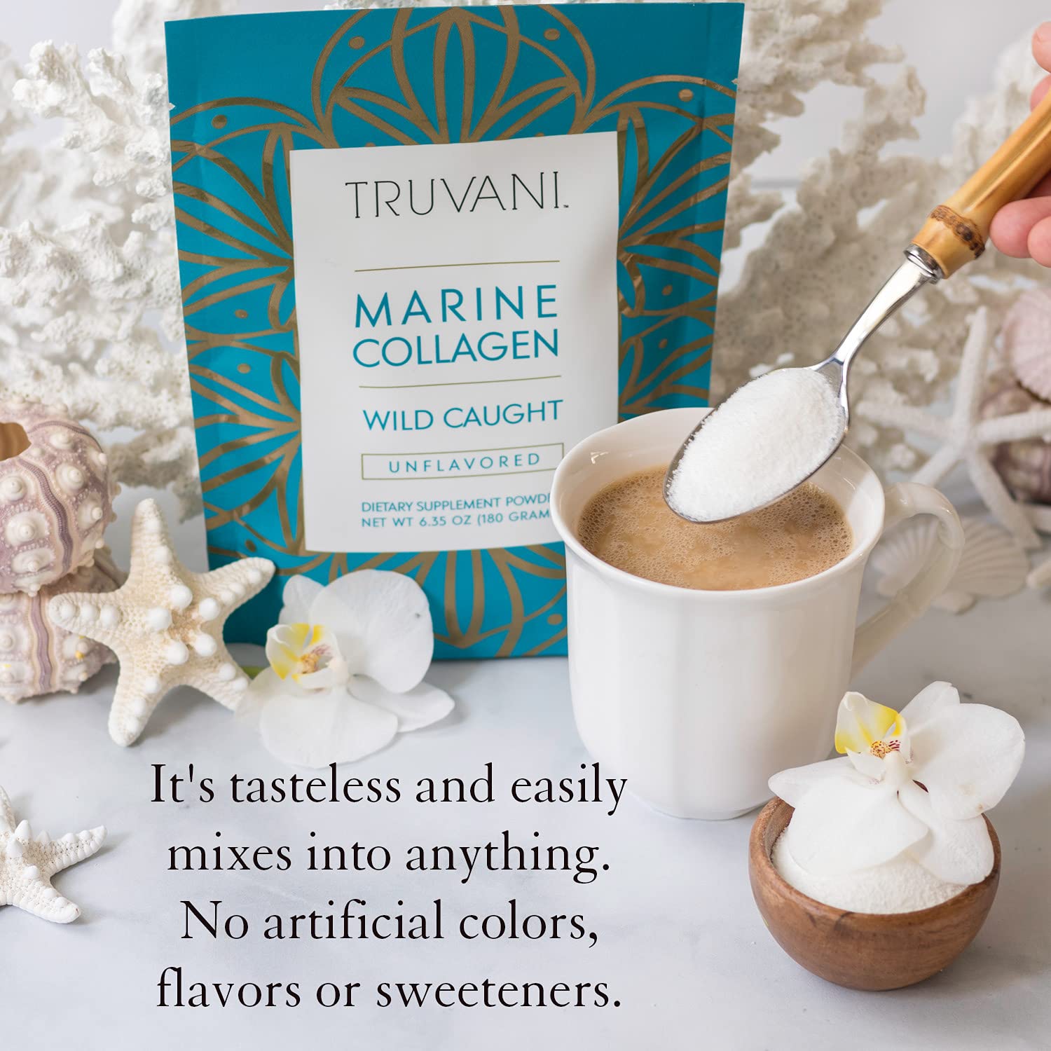 Truvani marine collagen powder close-up packaging highlights non-GMO and gluten-free.