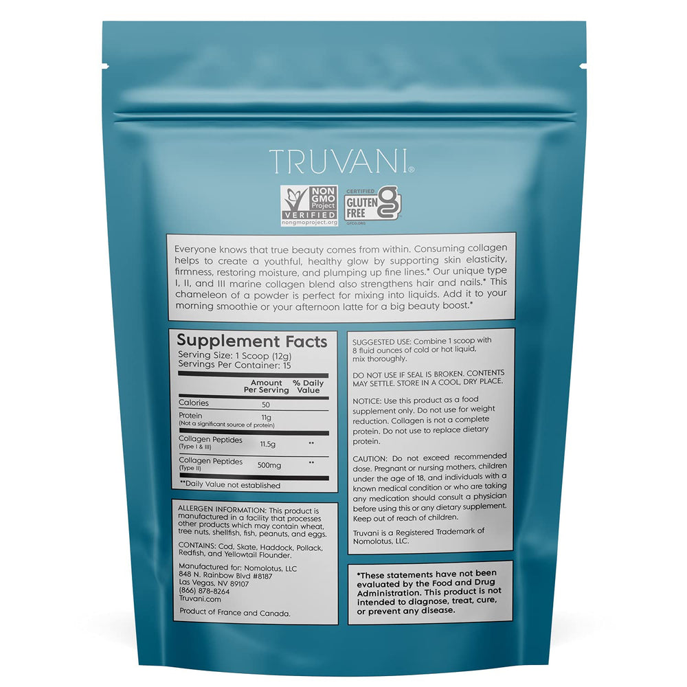 Truvani marine collagen being poured into a glass for easy mixing.