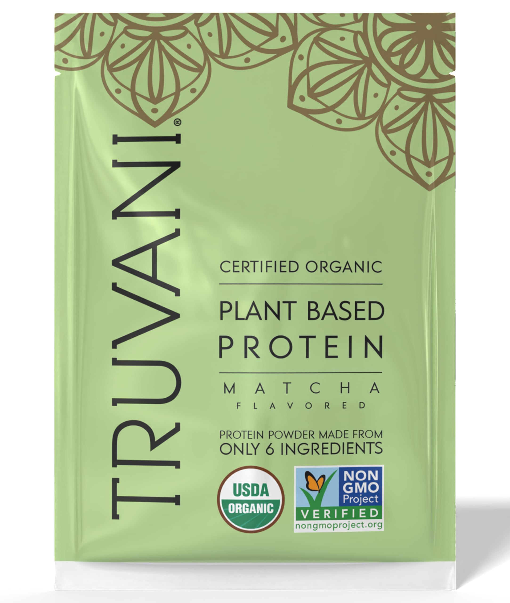 Truvani Matcha pea protein powder jar showing premium organic ingredients for clean nutrition