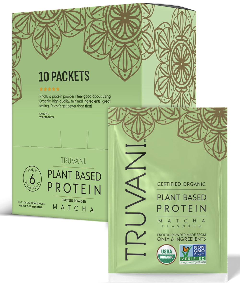 Truvani matcha protein bottle showing clean plant-based nutrition for active days