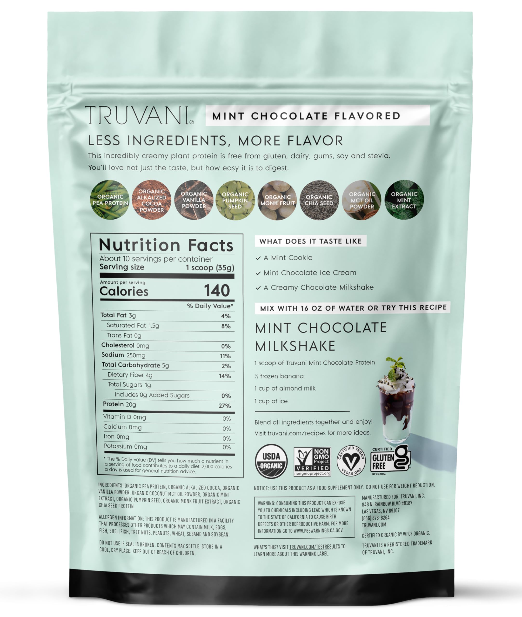 Truvani Mint Chocolate vegan pea protein bag on kitchen counter ready.
