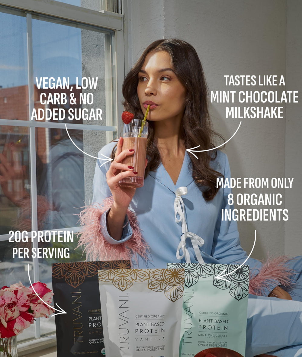 Truvani Mint Chocolate protein shake in a bottle, dairy-free and keto-friendly.
