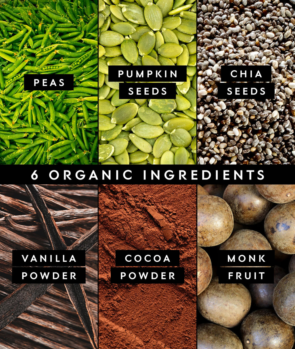 Truvani organic pea protein ingredients close-up—transparent, simple components for dietary wellness.