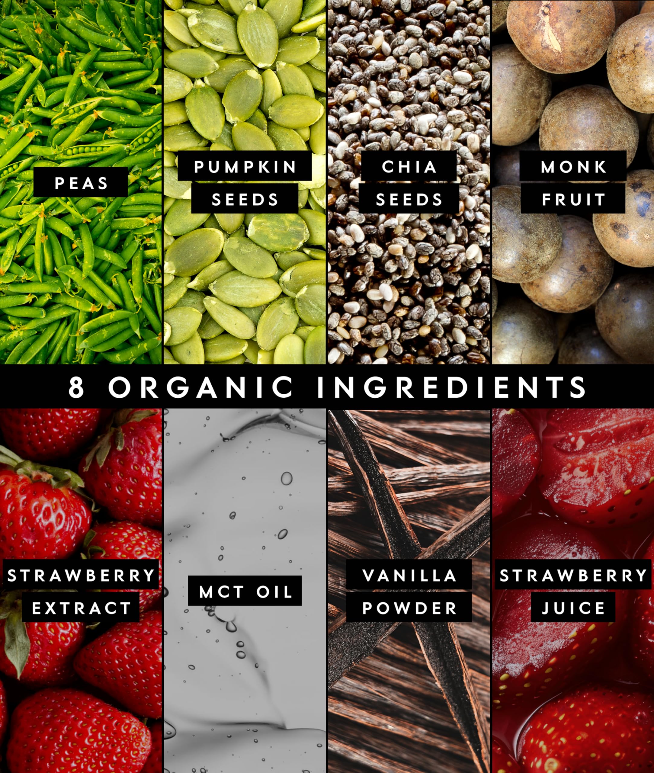 Truvani organic ingredients closeup featuring pea, pumpkin seed, and chia seed blend