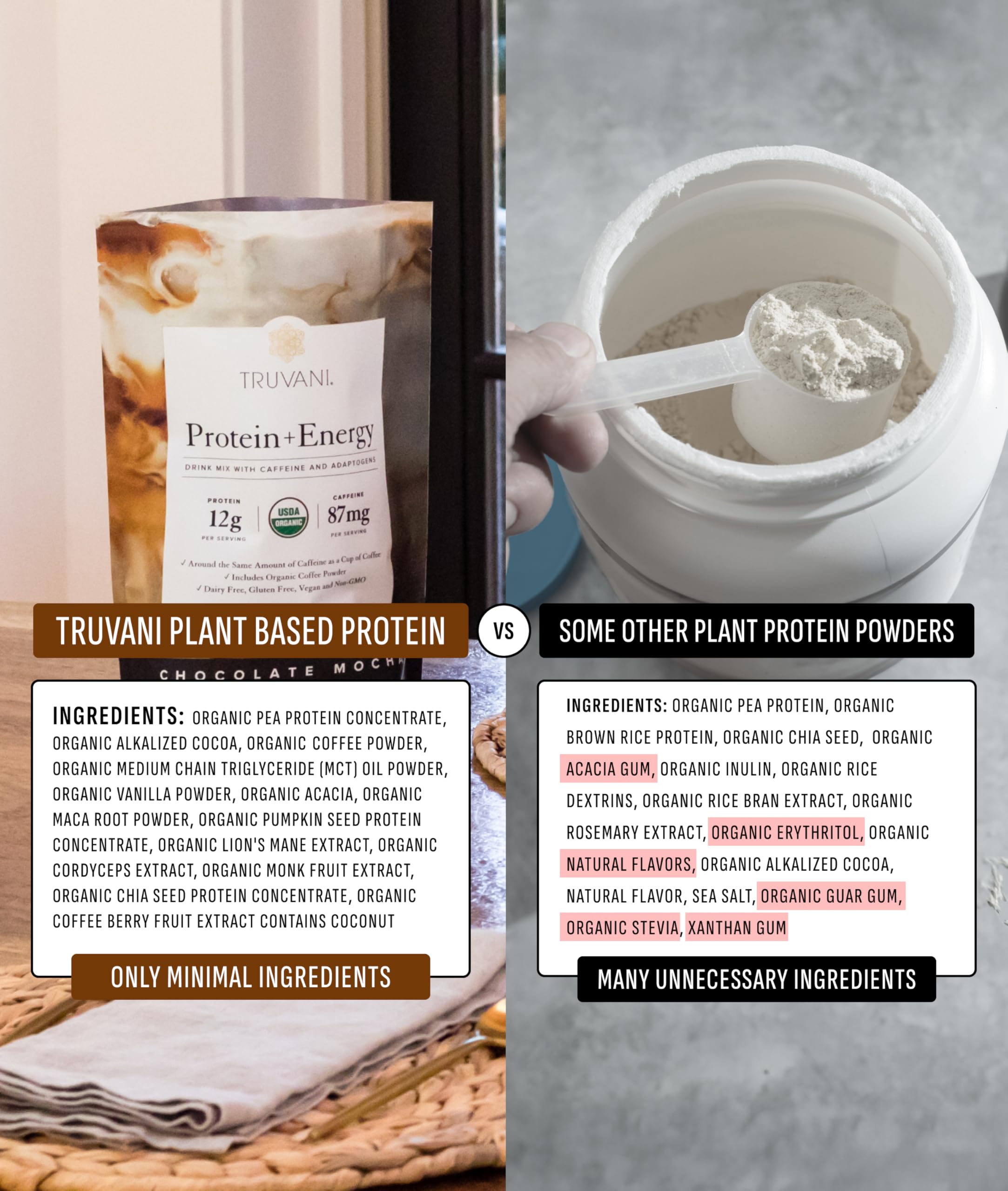 Truvani organic pea protein powder container indicates vegan nutrition.