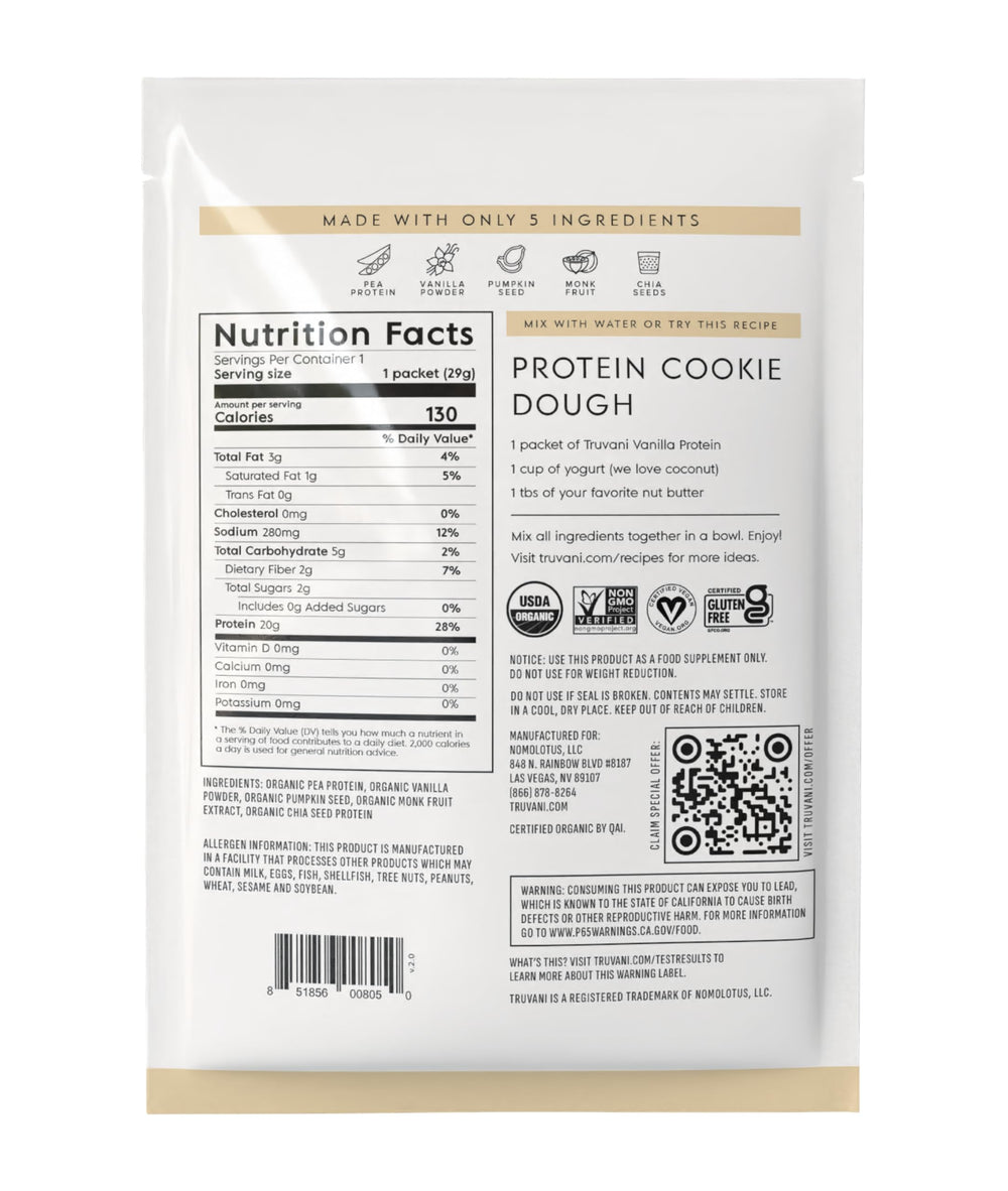 Truvani organic pea pumpkin chia blend on label