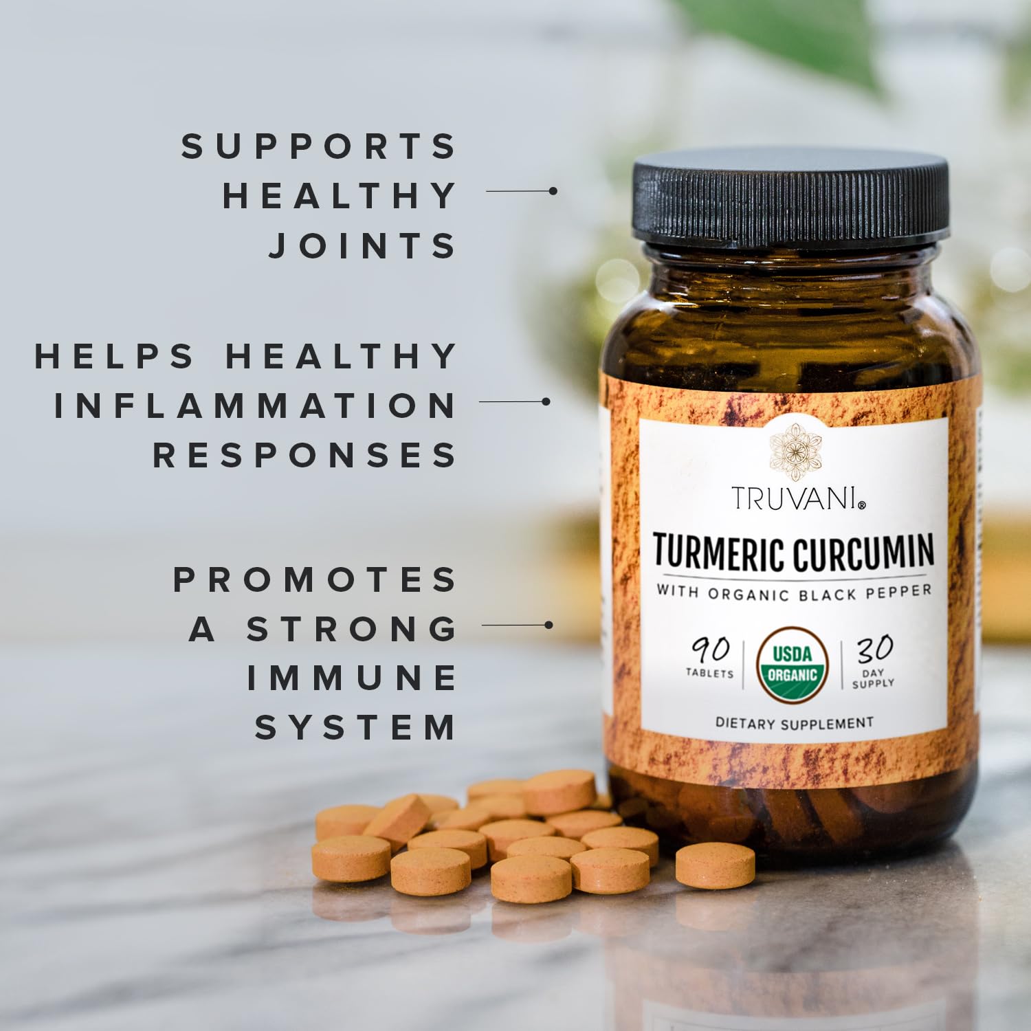 Truvani bottle back label shows USDA Organic certification and quality assurances.