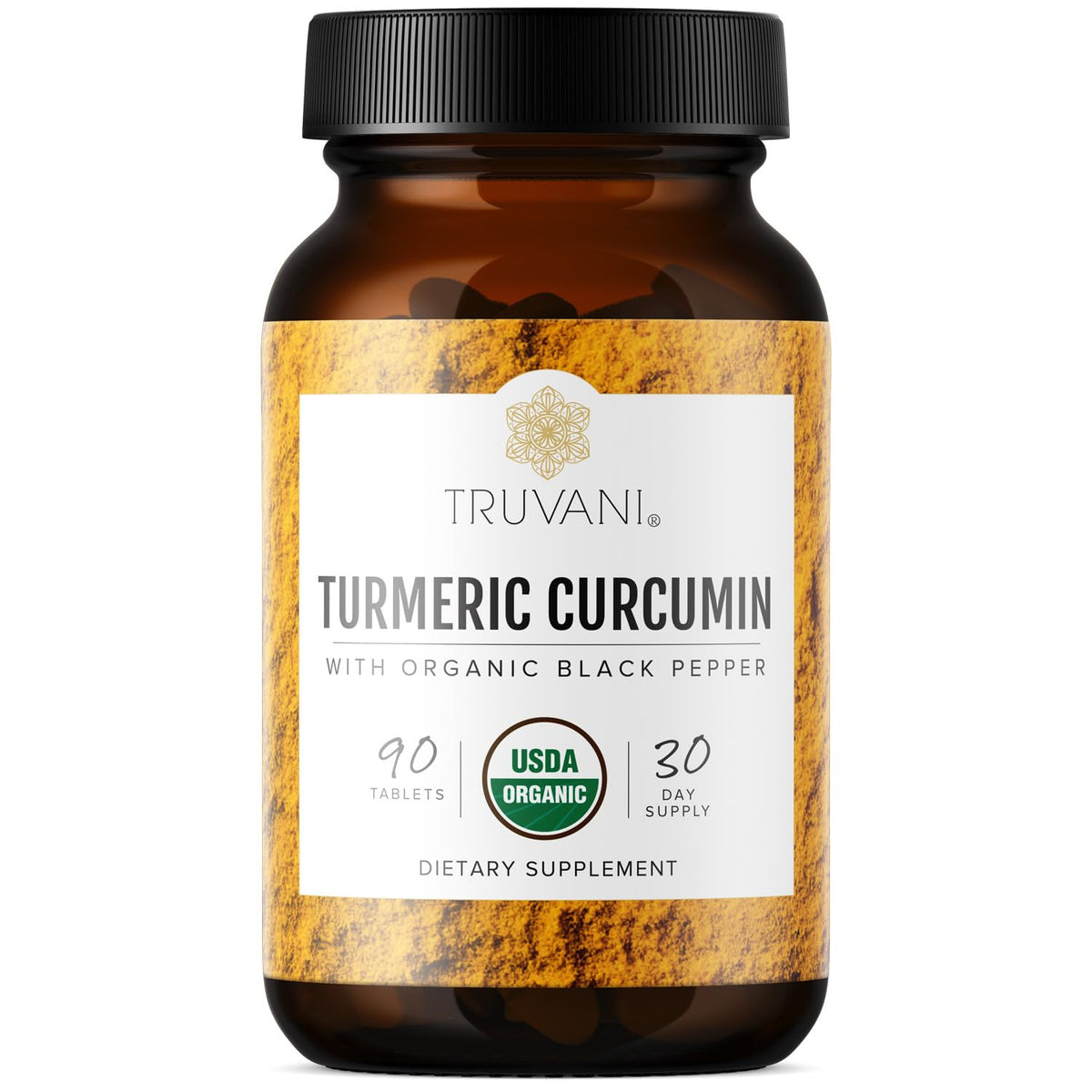 Truvani Organic Turmeric Curcumin tablets in bottle front for daily use.