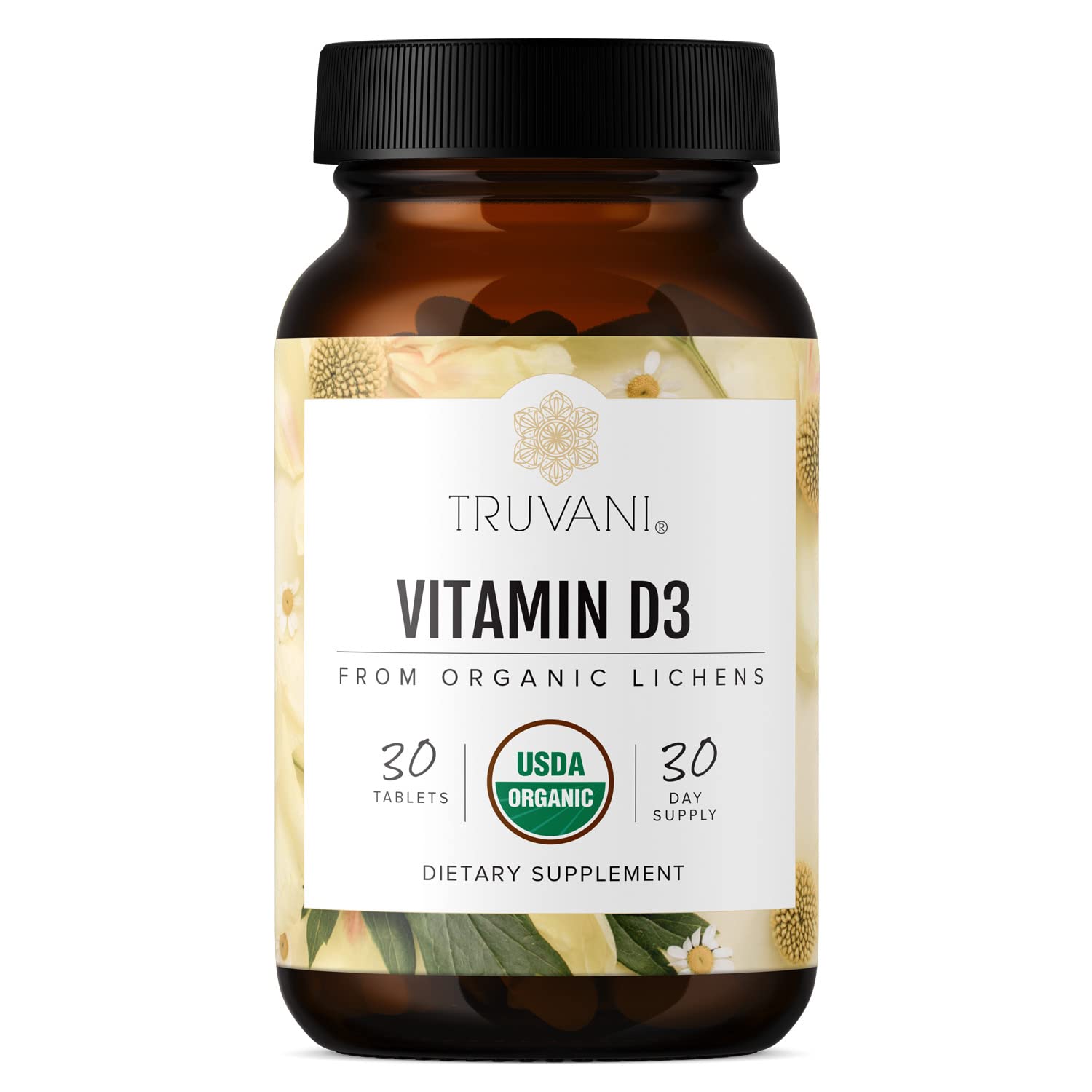 Truvani Organic Vitamin D3 tablet closeup highlighting plant-based source