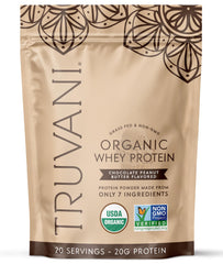 Truvani Organic Whey Protein canister in chocolate peanut butter flavor for post-workout fuel.