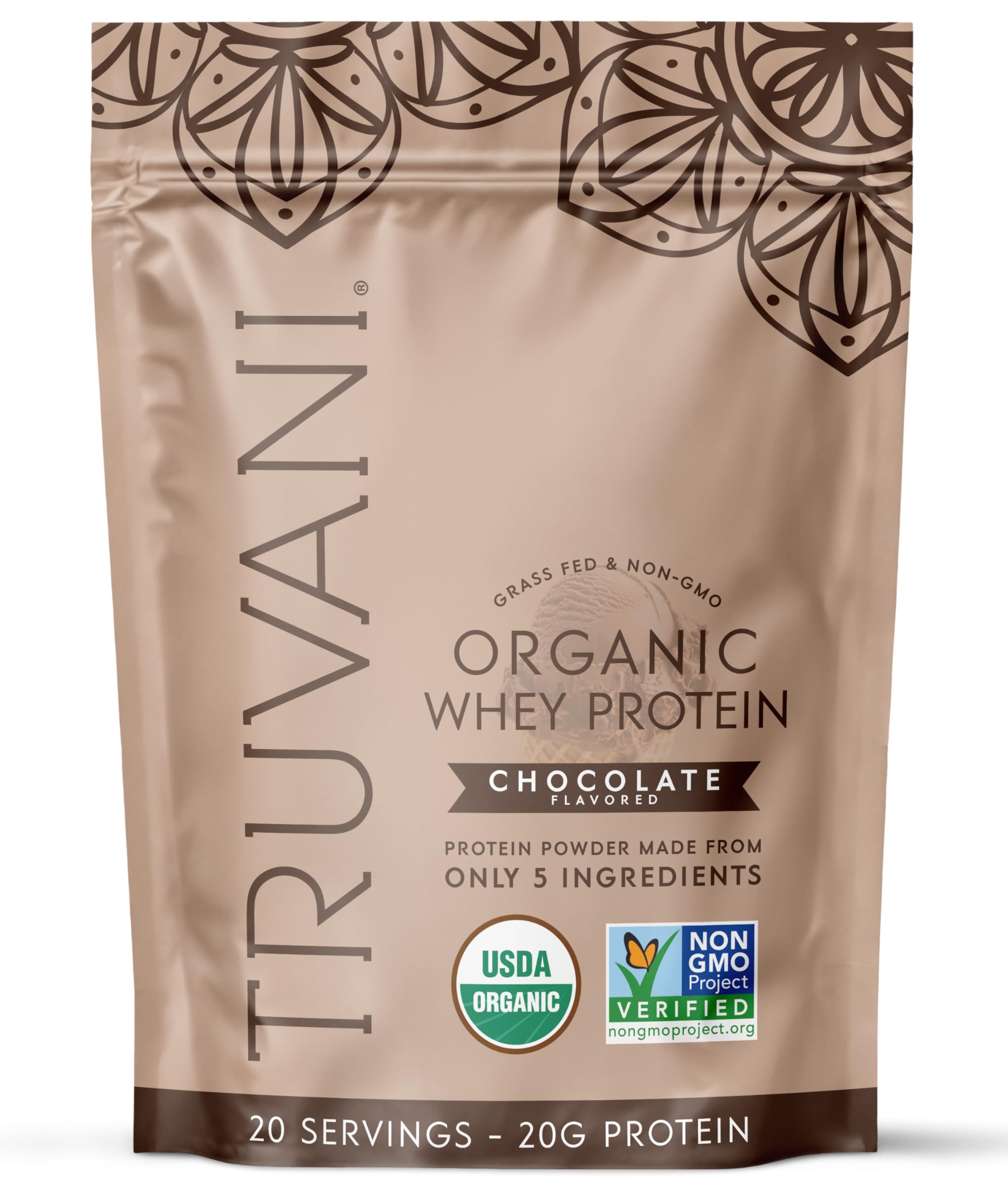 Truvani Organic Whey Protein Powder chocolate tub front with grass-fed organic protein badge