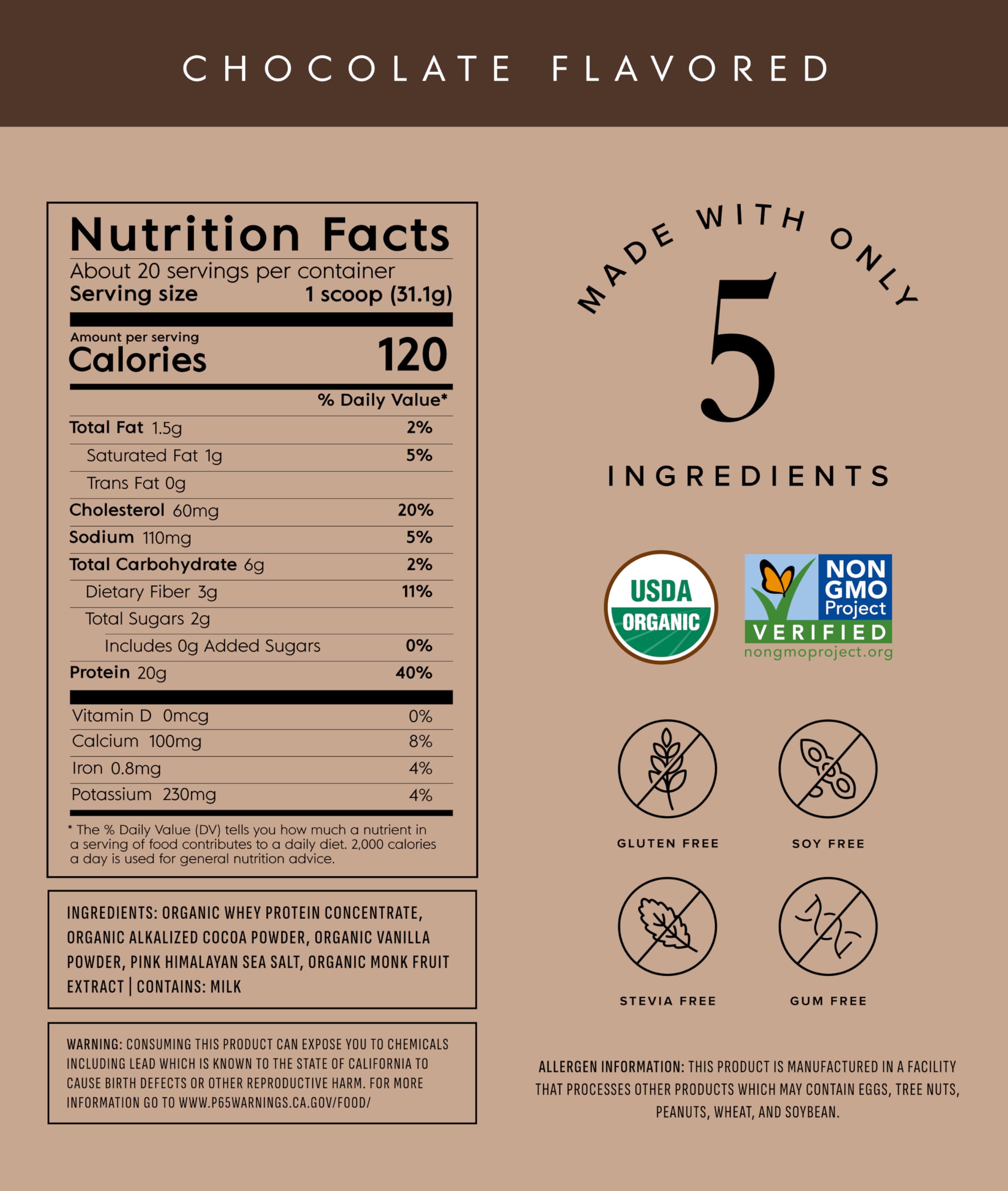 Truvani Organic Whey Protein Powder chocolate tub side label, non-GMO and gluten-free