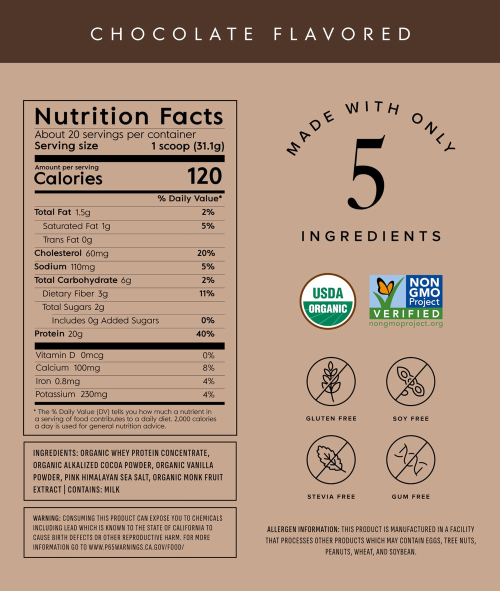 Truvani Organic Whey Protein Powder chocolate tub side label, non-GMO and gluten-free