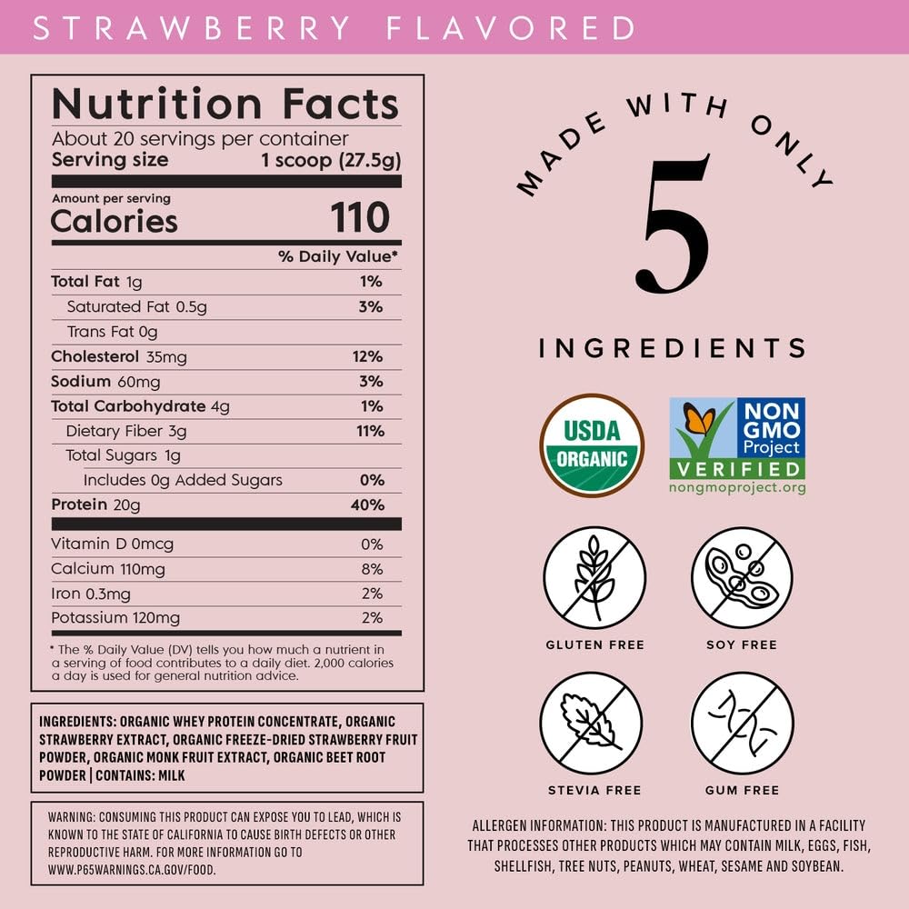 Truvani strawberry whey scoop dispensing protein per serving