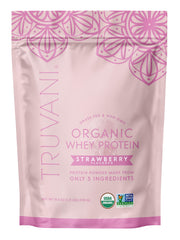 Truvani Organic Whey Strawberry tub front for clean-label protein on the go