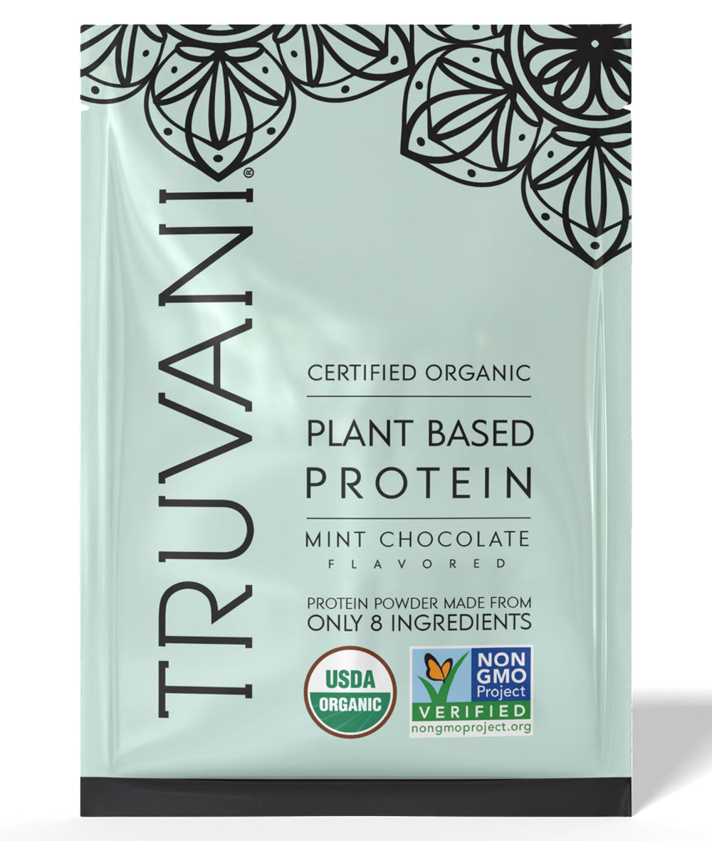Truvani vegan pea protein mint chocolate bottle pour for a smooth plant-based shake