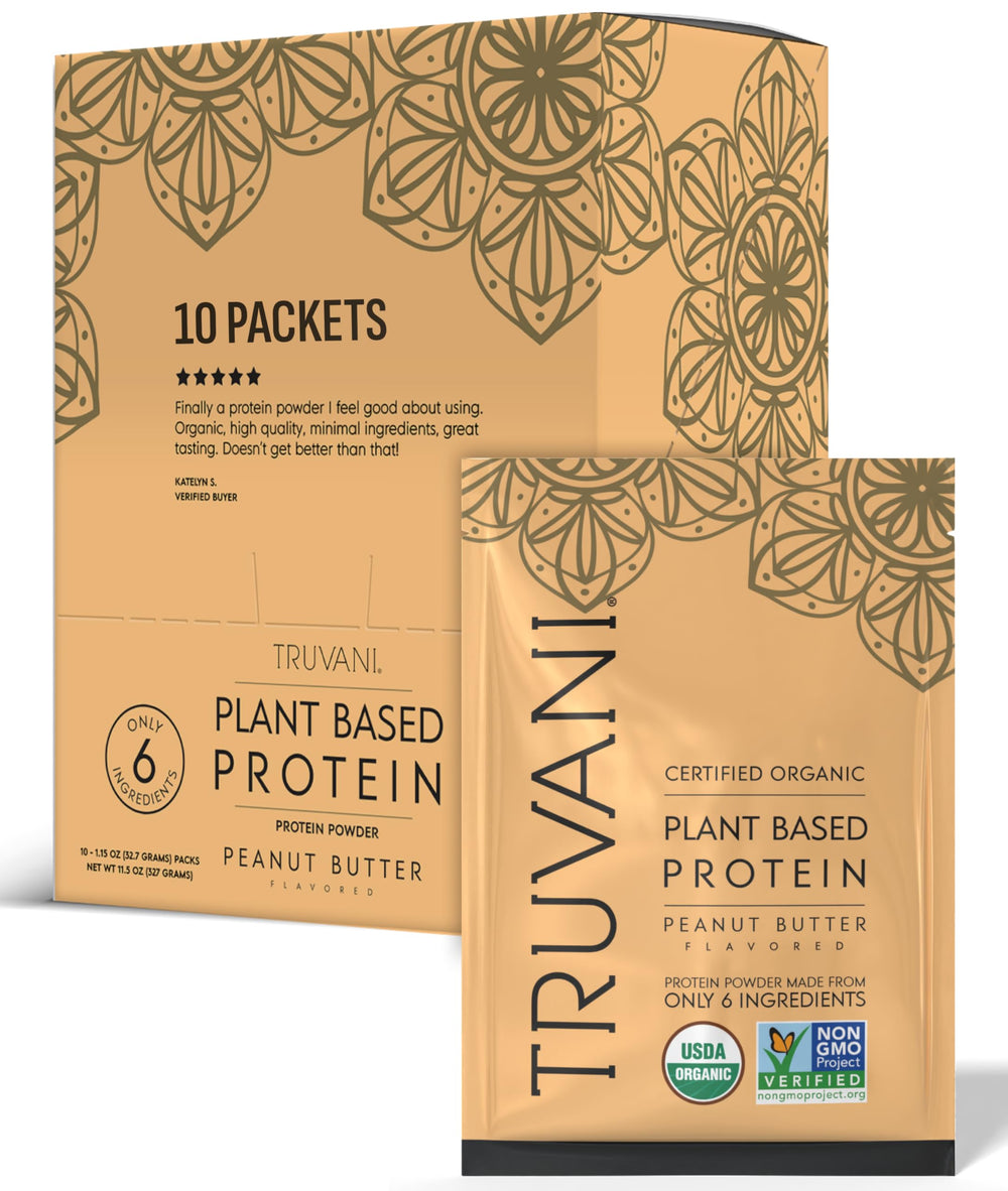 Truvani pea protein powder in peanut butter flavor for a clean vegan protein boost.