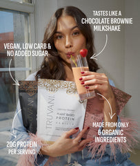 Truvani plant-based protein chocolate shake glass—smooth post-workout recovery with balanced nutrients.