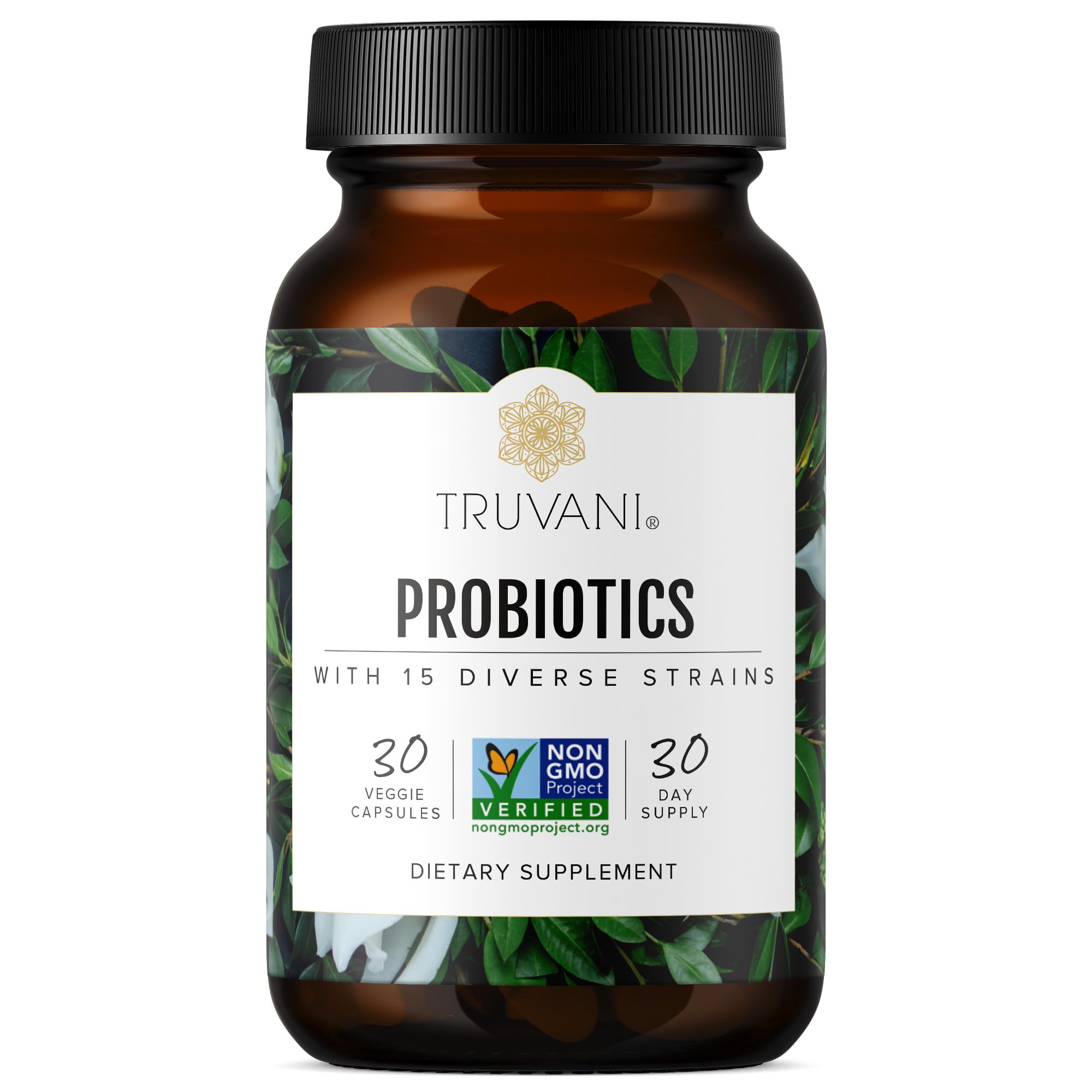 Truvani Probiotic bottle close-up for convenient daily digestion support.