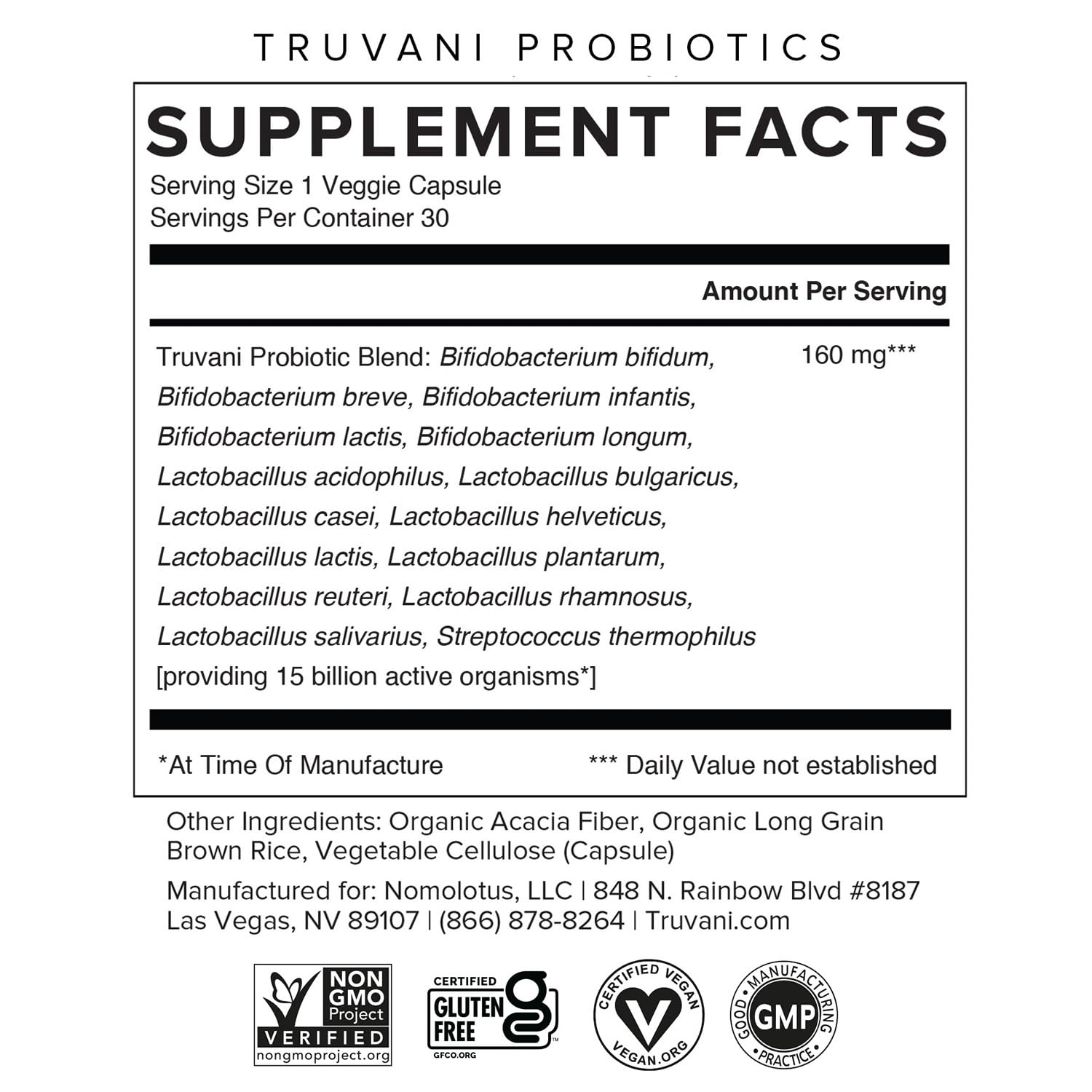 Truvani probiotic capsules detail highlighting diverse strains for gut balance.