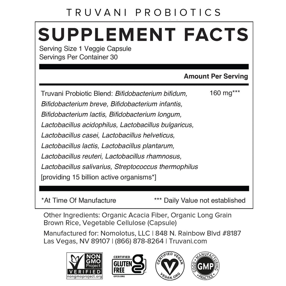 Truvani probiotic capsules detail highlighting diverse strains for gut balance.
