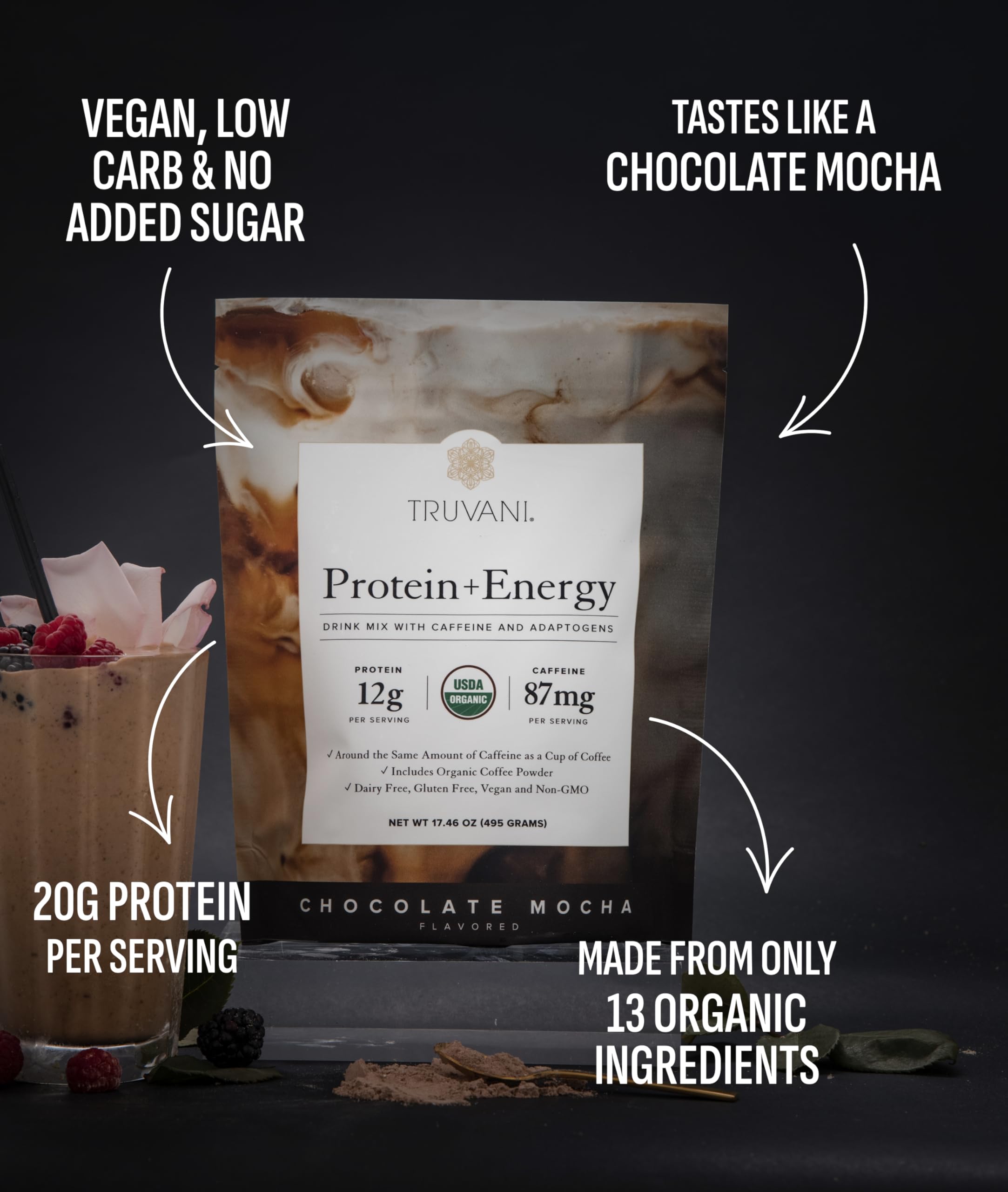 Truvani chocolate mocha shake glass highlights rich, creamy flavor.