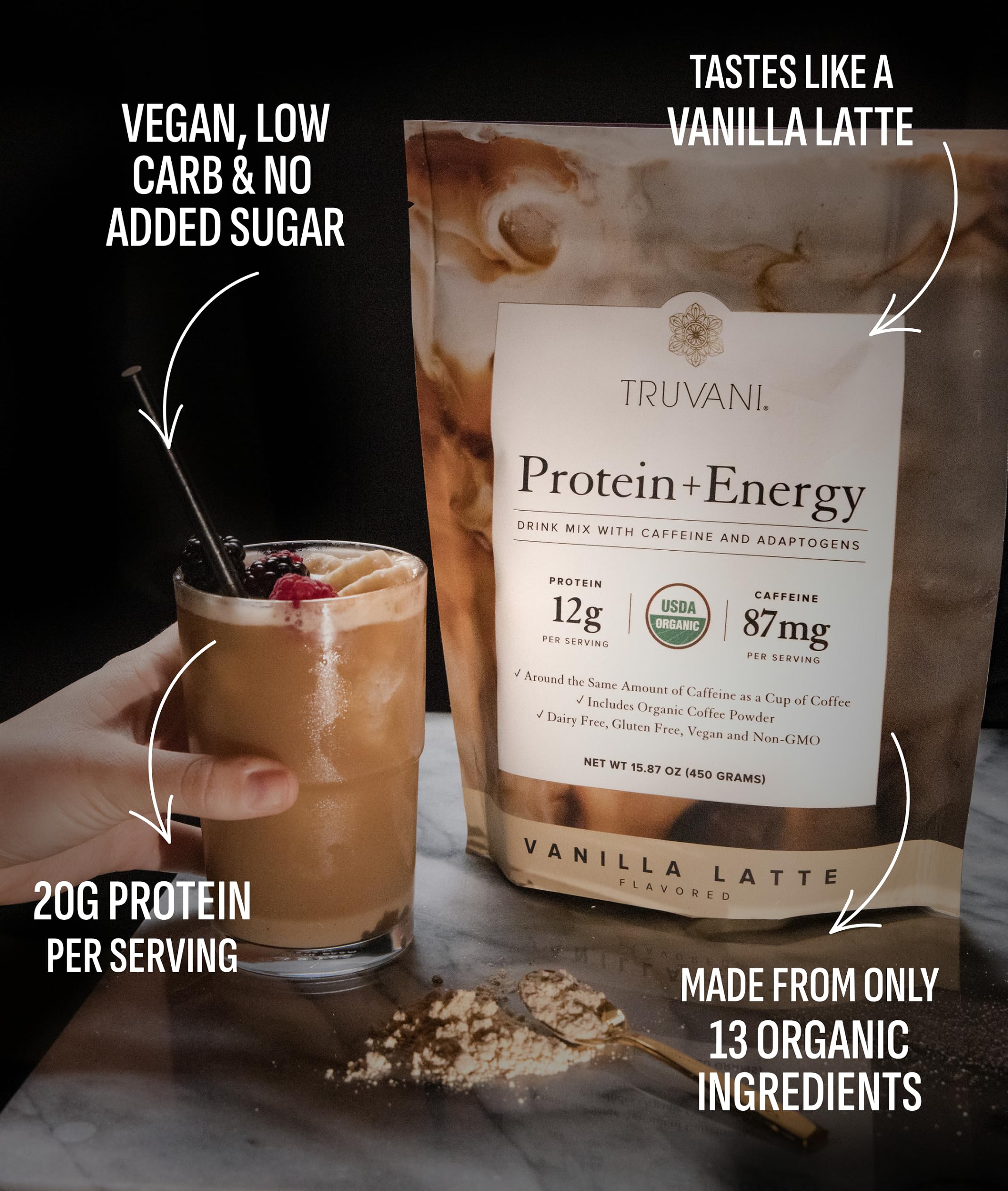Truvani Protein and Energy Drink Mix serving glass with ready drink.