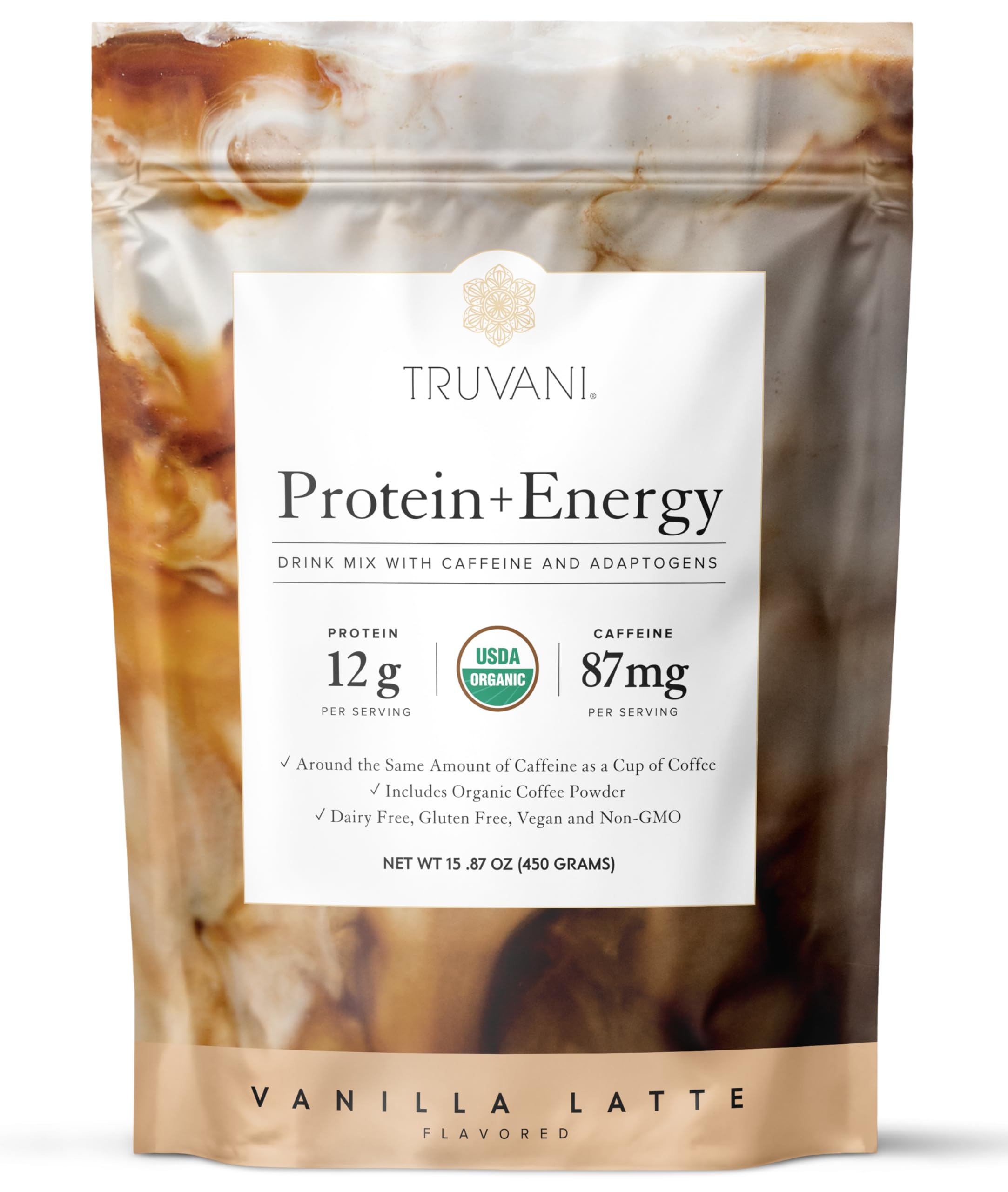 Truvani Protein and Energy Drink Mix vanilla latte bottle demonstrates clean energy.
