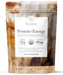 Truvani Protein and Energy Drink Mix vanilla latte bottle demonstrates clean energy.