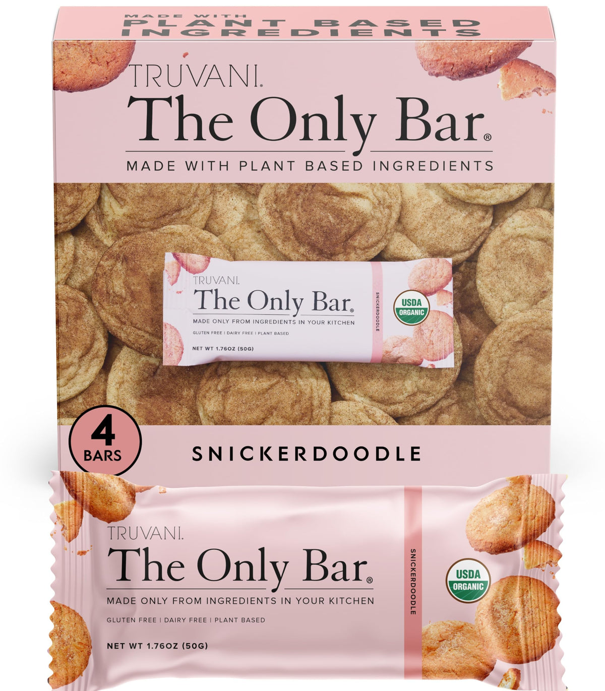Truvani Snickerdoodle bar front view highlights organic, plant-based ingredients for a clean snack